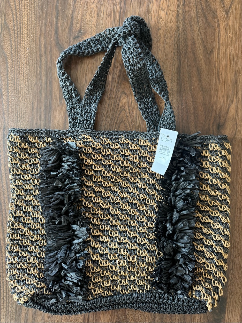 LOFT NWT Raffia Fringe Tote Beach Bag Woven Straw Resort Vacation